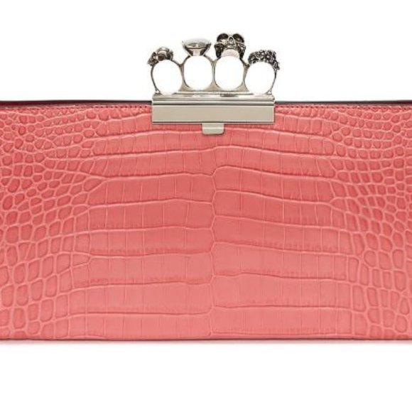 Alexander McQueen Skull Four-Ring Croc-Embossed Leather Clutch Pink - Picture 3 of 13